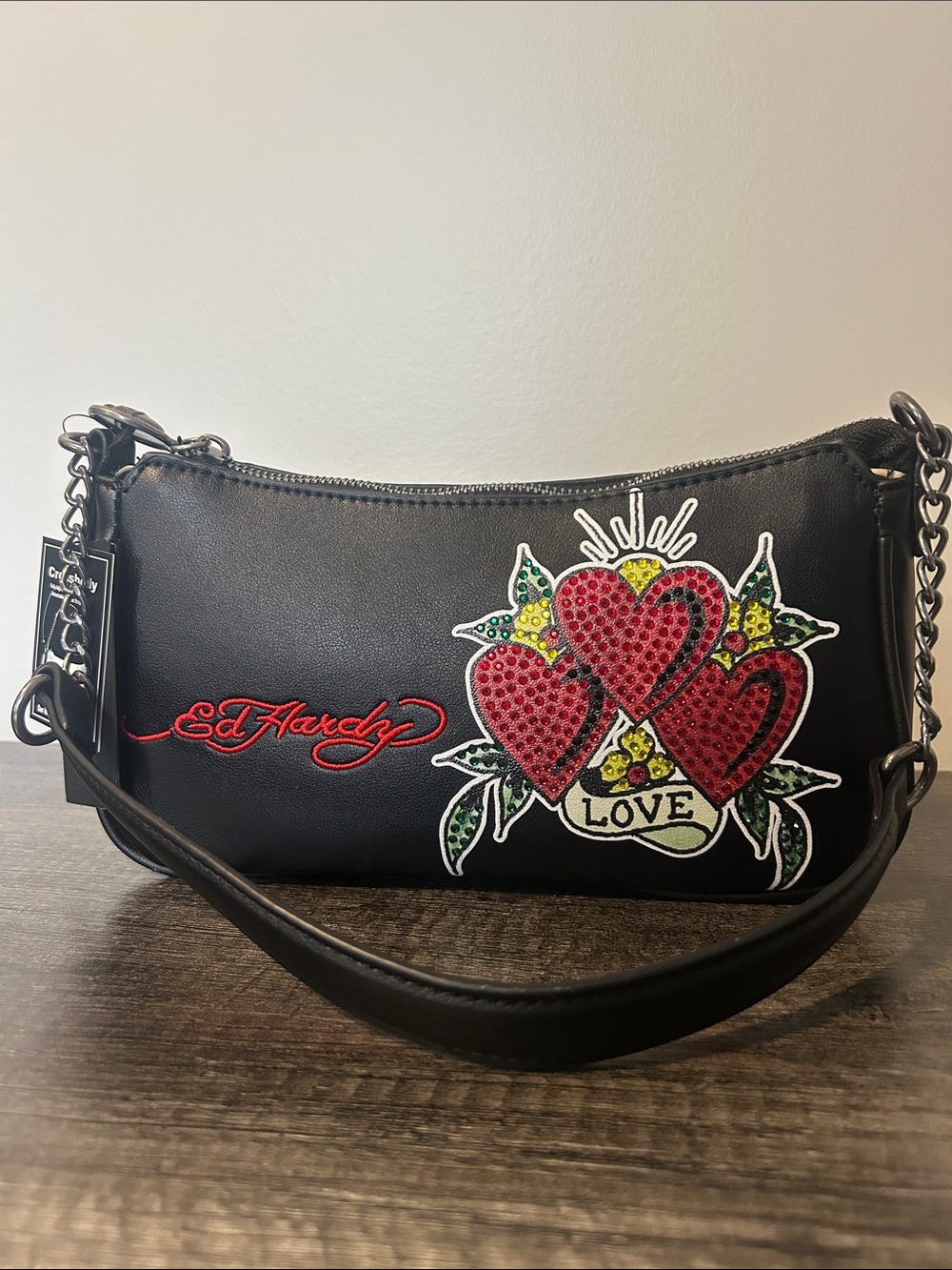 Ed Hardy Black shoulder bag with Red Jeweled Heart